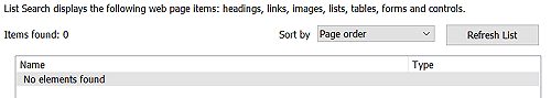 web finder listbox with message "No Elements Found".
