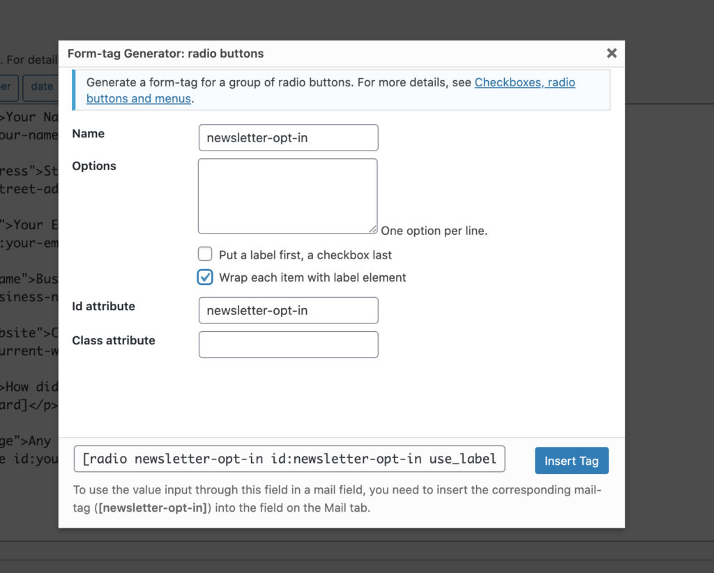 The Contact Form 7 radio buttons generator modal