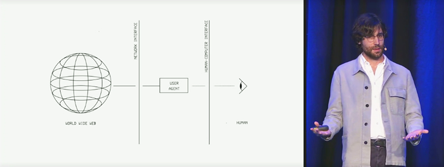 Rupert Manfredi stands next to a slide with a line drawing representing the World Wide Web and a human eye and the network interface, user agent and a human-computer interface between them.