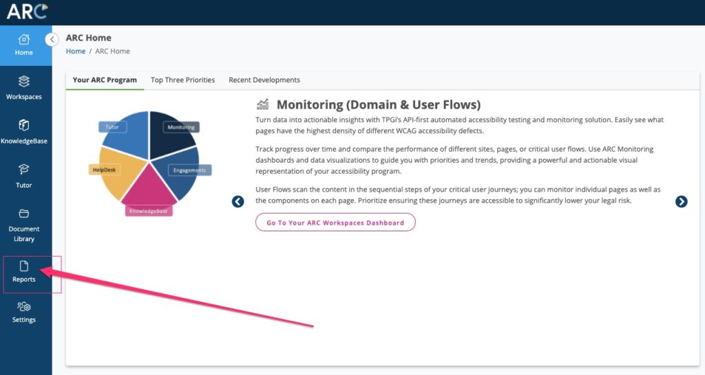 home page of ARC with Reports menu item highlighted