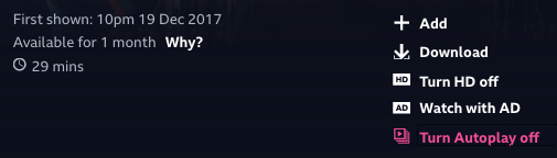 Programme details on the BBC iPlayer, which include the option to 'Turn Autoplay off'.