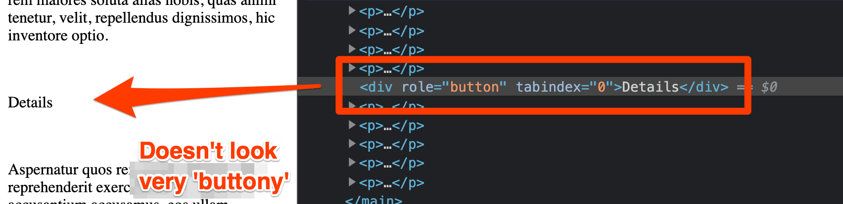 The word 'Details' in black text on a white background, looking nothing like a button, and the browser dev tools showing it marked up as a div element with the role of button