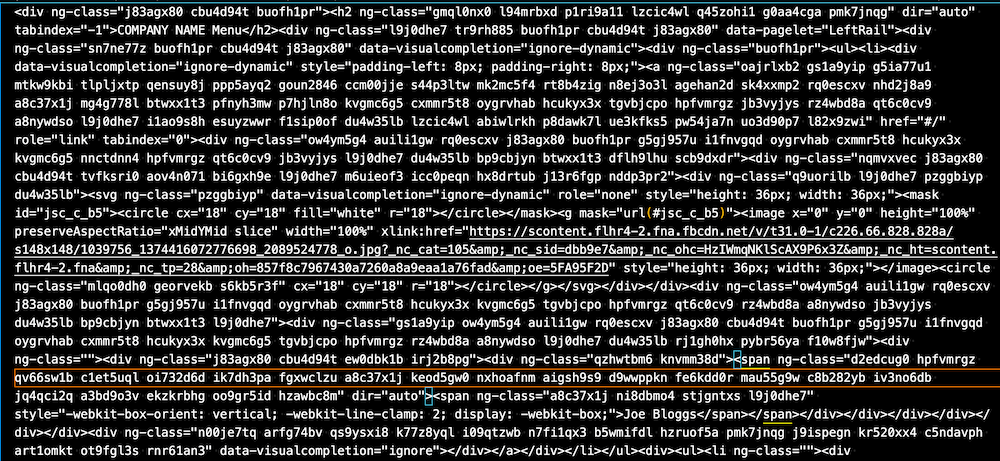 Every element has many class attributes, as many as 30 per element, that are dynamically generated and are not human-readable. There are also inline styles and data attributes galore. It is a wall of code and markup where it is almost impossible to pick out the underlying structure or content.