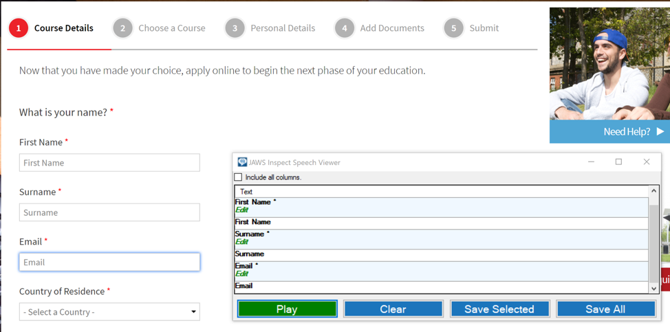 Speech viewer panel illustrating what JAWS would say when navigating a form