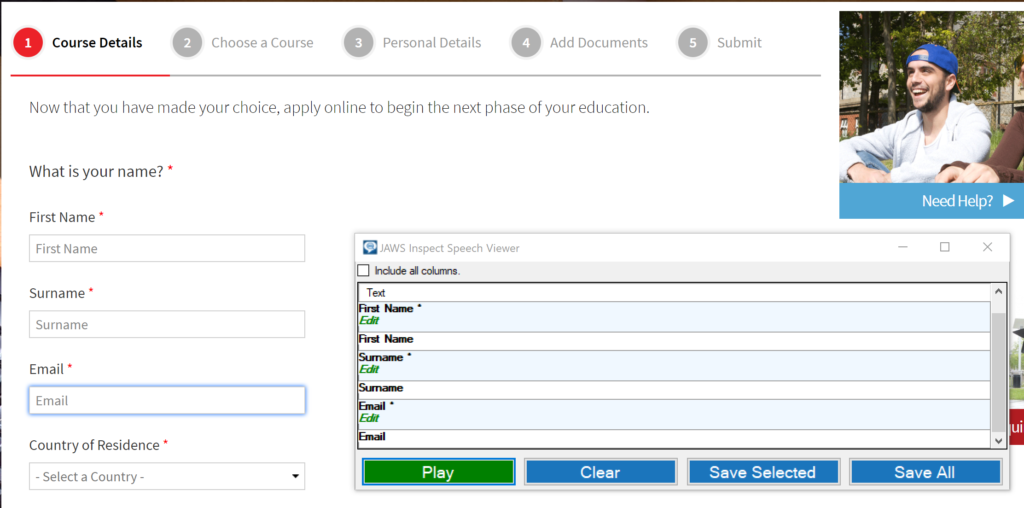 The Speech Viewer open over a web form.