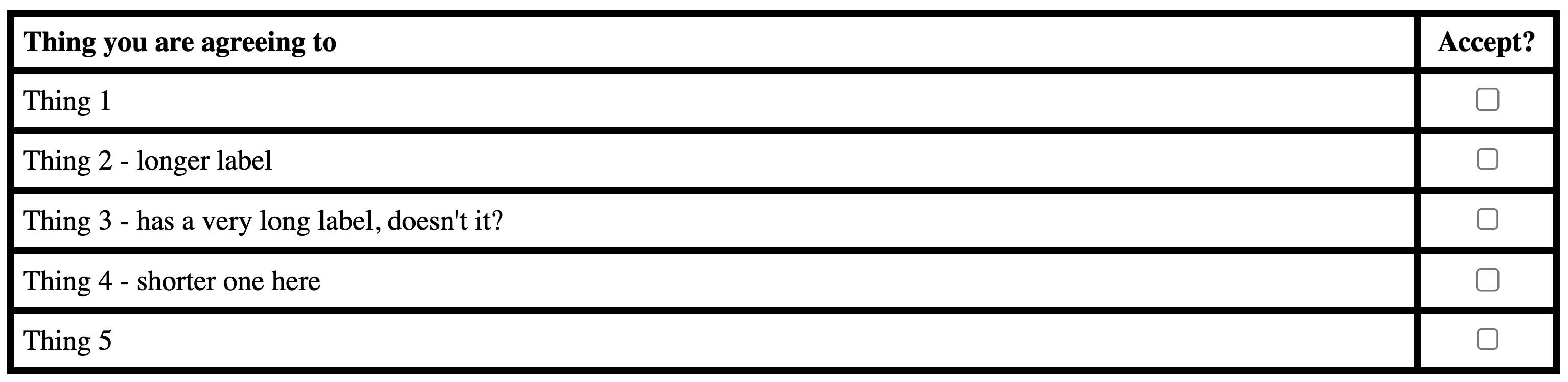 The same layout and formatting as the previous table, but when stretched out in wider viewports the distance between the text and control is much greater. The table gridlines are still very helpful in associating the two, but it is, pun intended, a bit of a stretch