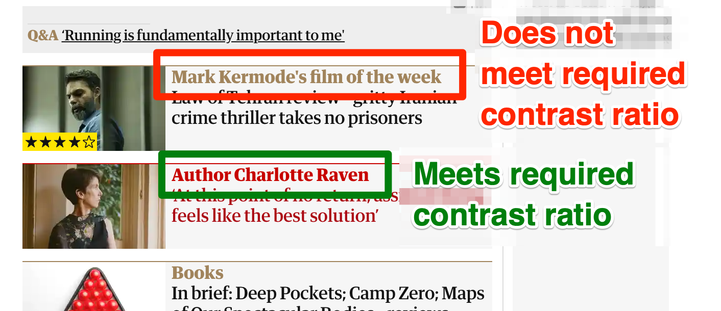 Headings with low contrast boxed in red, example of good heading boxed in green, both annotated